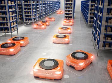 Orange robot carriers in modern warehouse, 3D rendered image.